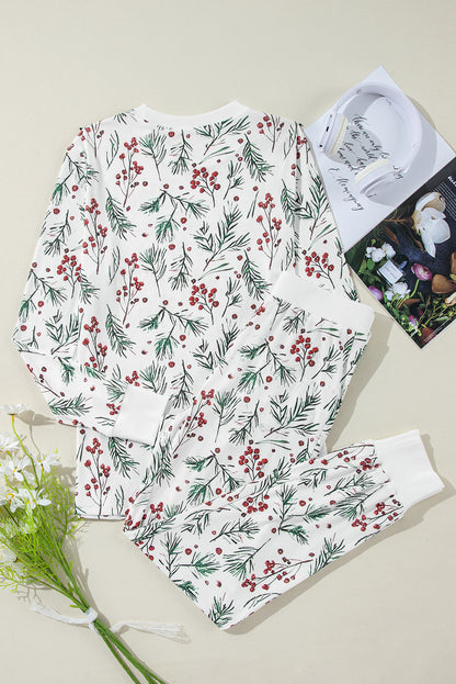 Witte Holly Print Thermische Pullover Broek Loungeset