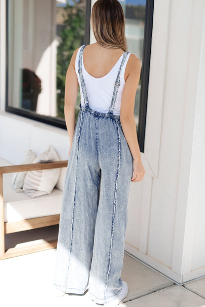 Beau Blue Light Wash Gerafelde zichtbare naad Wijde pijpen denim overall