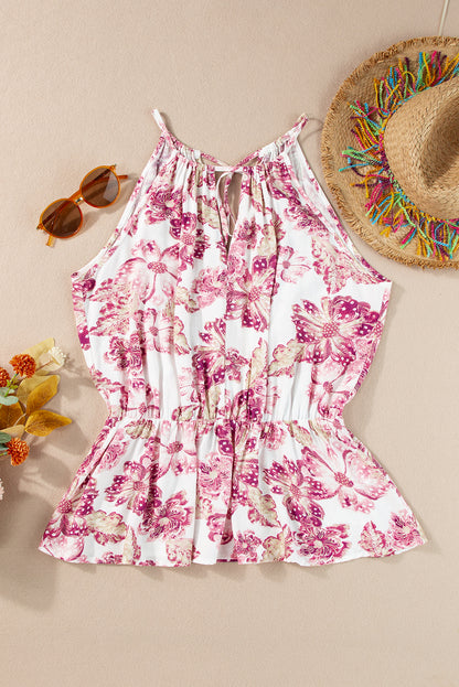 Pitaya roze uitgeholde halternek bloemen peplum tanktop