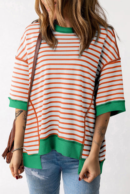 Oranje streep oversized contrasterende rand zichtbare naad hoog laag T-shirt