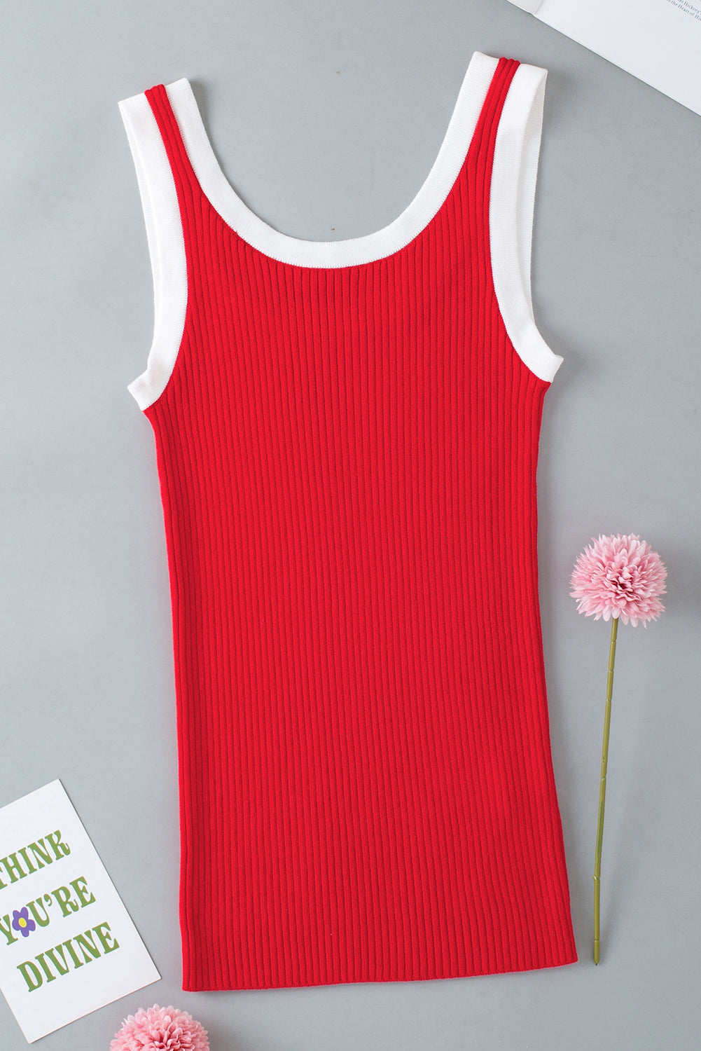 Zwarte geribbelde tanktop met U-hals en geribbelde rand met zwarte colorblock-rand