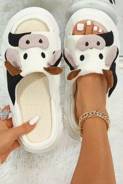 White Cute Cow Pattern Open Toe Slippers