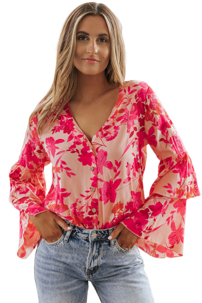 Roze bloemenprint gelaagde bel lange mouwen geknoopt bodysuit