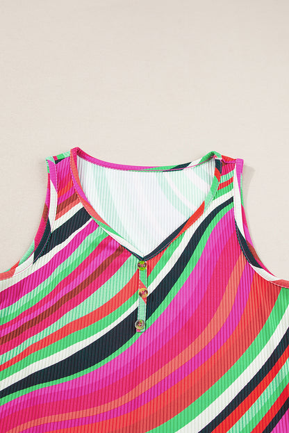 Multicolour Wavy Striped Buttoned V Neck Tank Top