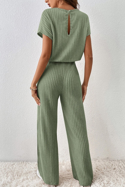 Grasgroen effen geribbeld jumpsuit met korte mouwen en wijde pijpen