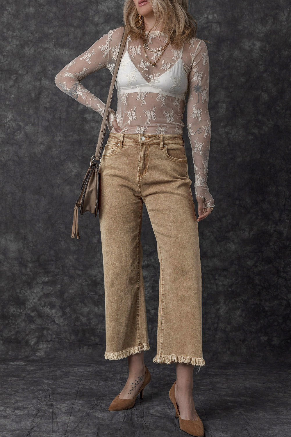 Lichte Franse beige acid washed high rise cropped wijde pijp jeans