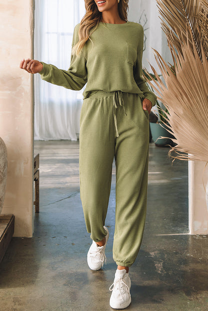 Laurel Green Waffle Knit Long Sleeve Top Drawstring Joggers Set