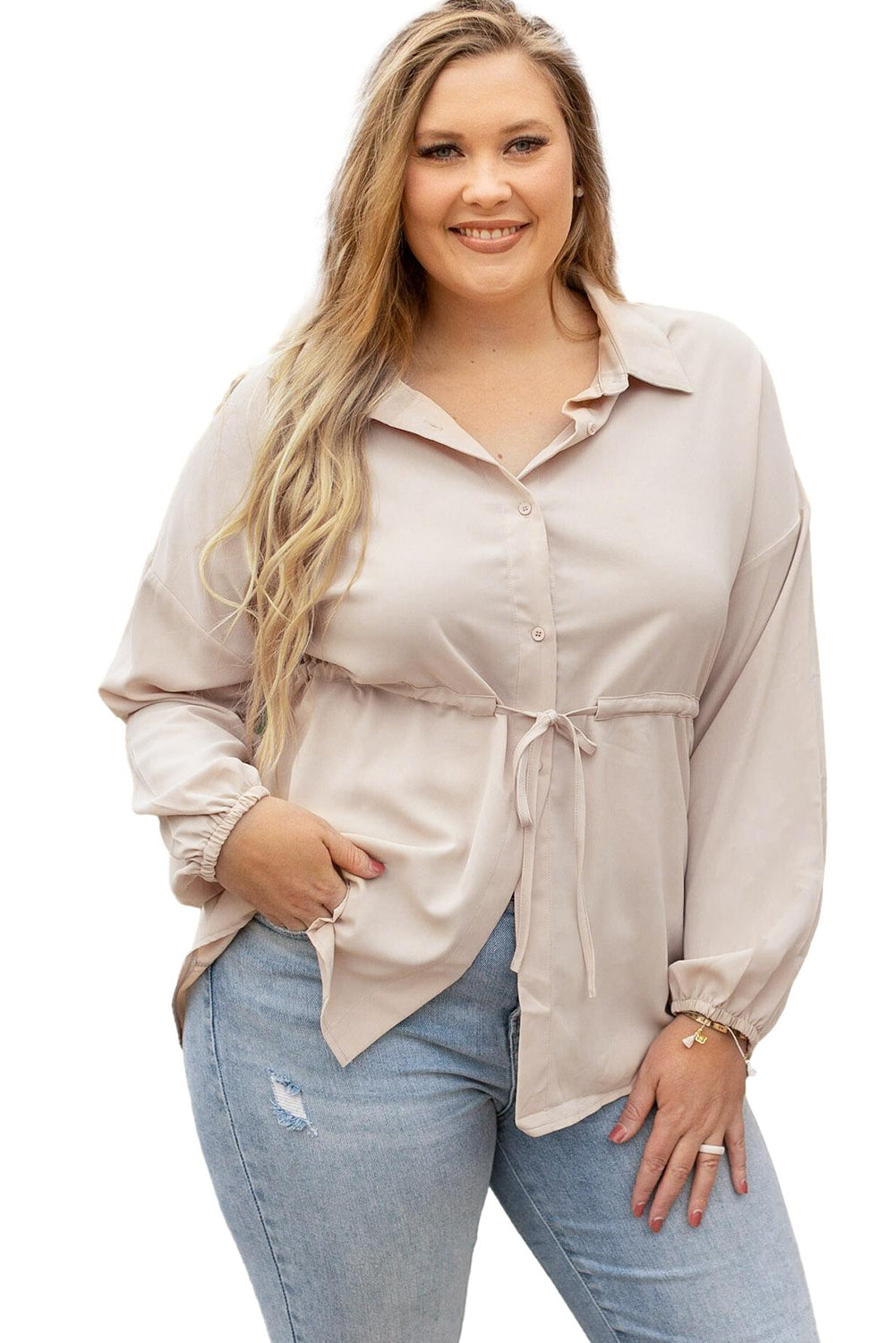 Licht Frans Beige Plus Size Puff Sleeve Geknoopt Tuniek Shirt