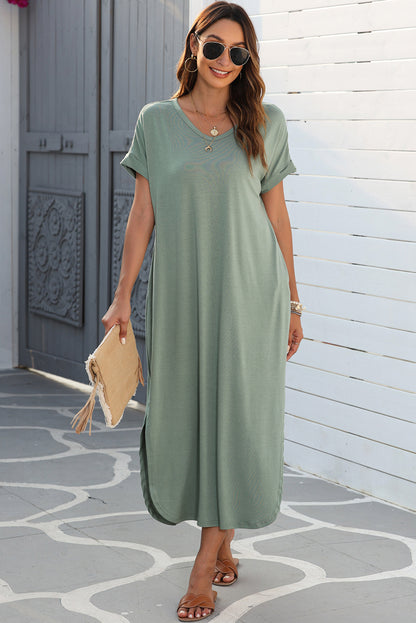 Black V Neck Hidden Pocket Splits Maxi T-shirt Dress