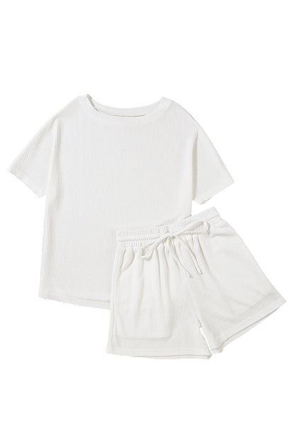 Zwarte casual getextureerde T-shirt en trekkoord shorts set