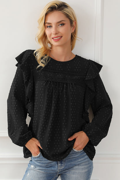 Zwartgroene kanten blouse met ruches op de schouder en lange mouwen