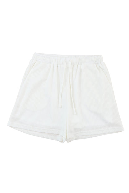 White Waffle Knit Lace-up High Waist Wide Leg Casual Shorts