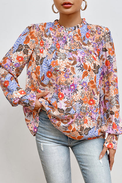 Veelkleurige bloemenblouse met bisschopsmouwen en ronde hals