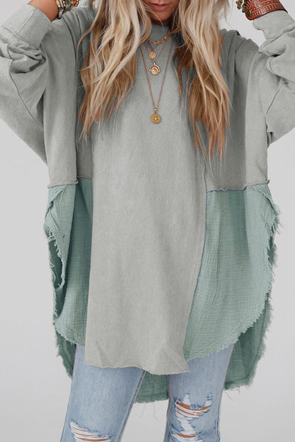 Camel Crinkle Splicing Raw Hem High Low Oversized Blouse