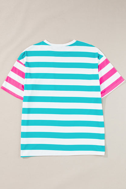 Roze streep contrast patch zak drop mouw T-shirt