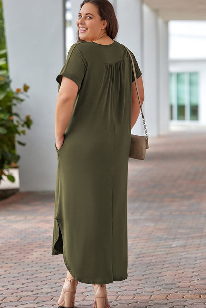 Groene Plus Size V-hals Gerolde Manchetten Maxi-jurk