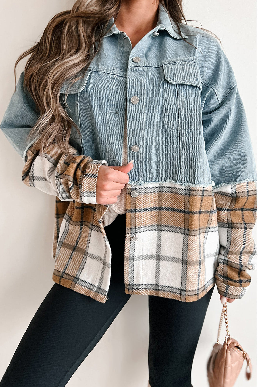 Khaki geruit patchwork oversized denim jack met knopen