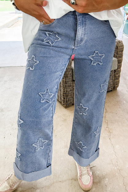 Dusk Blue Foiled Star Patchwork Straight Leg Loose Jeans