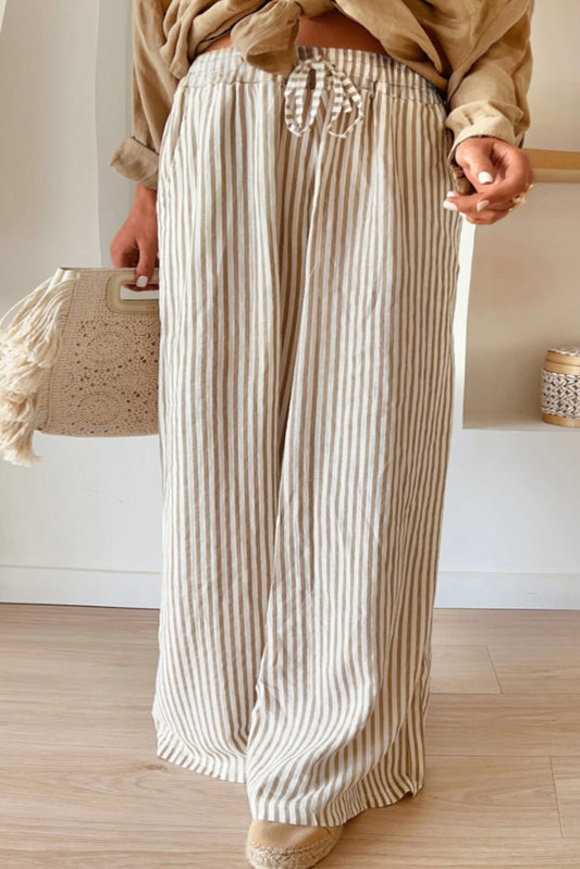 Khaki Stripe Plus Size Drawstring High Waist Wide Leg Pants