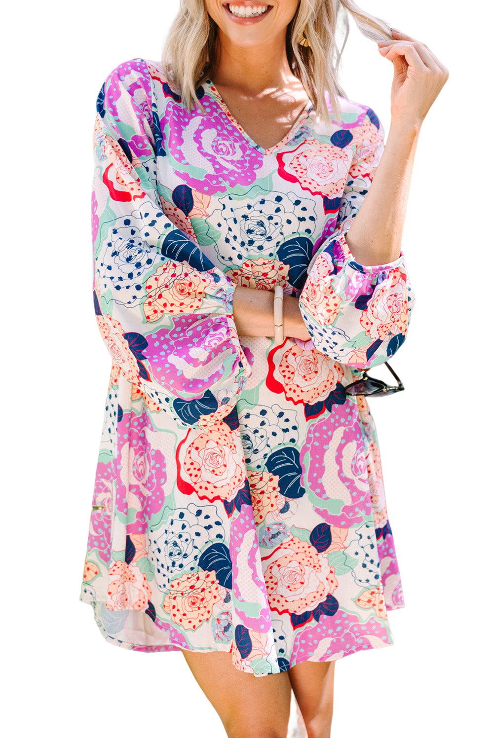 Multicolor Armband Bubble Mouw Bloeiende Bloemenprint Jurk