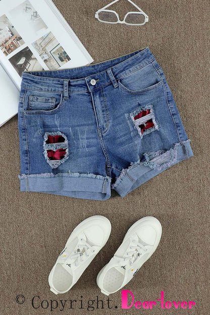 Casual denim shorts met bloemenpatchwork en opgerolde zoom