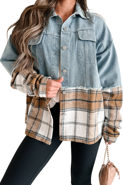 Khaki geruit patchwork oversized denim jack met knopen