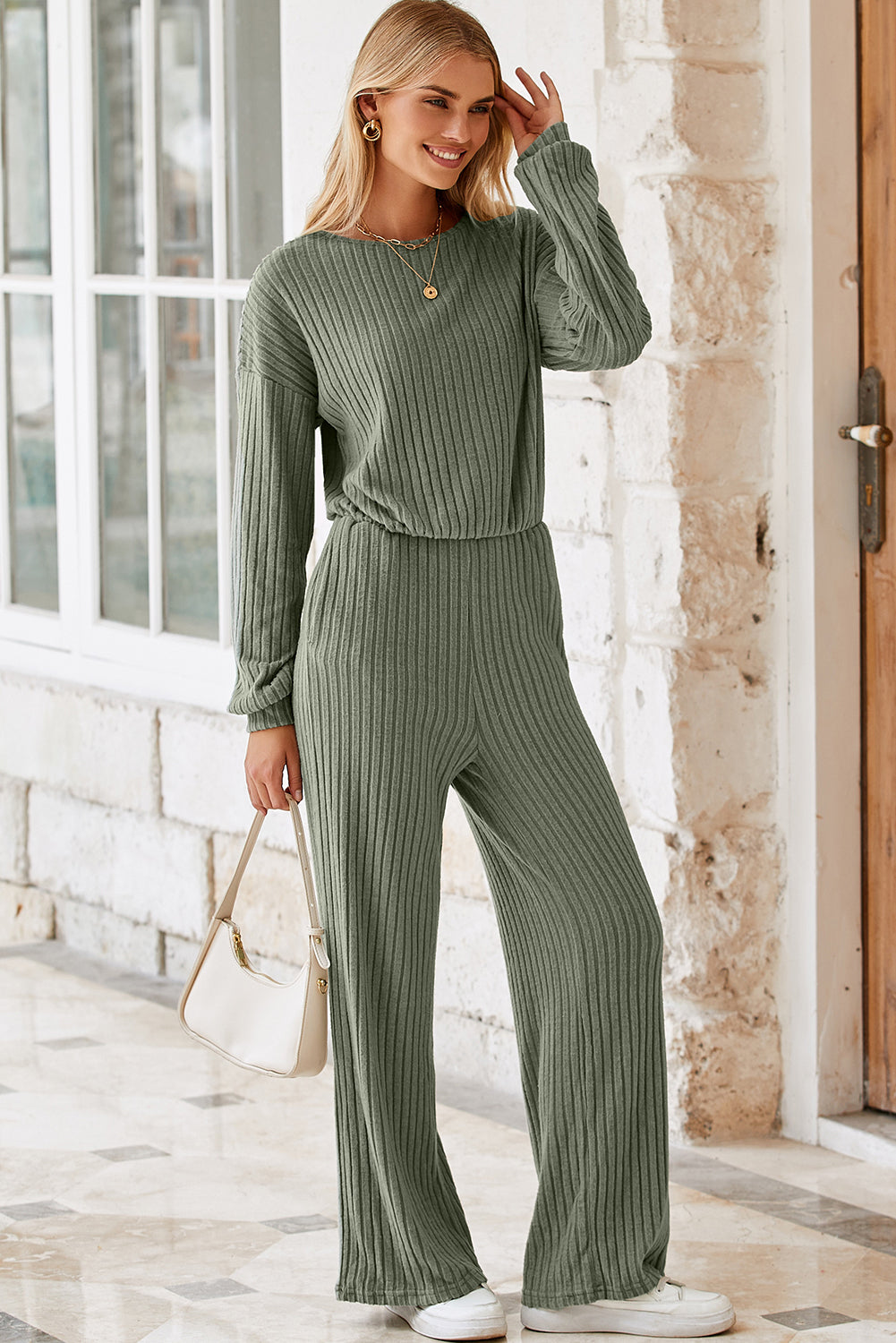 Black Solid Ribbed Knit Keyhole Back High Waist Jumpsuit