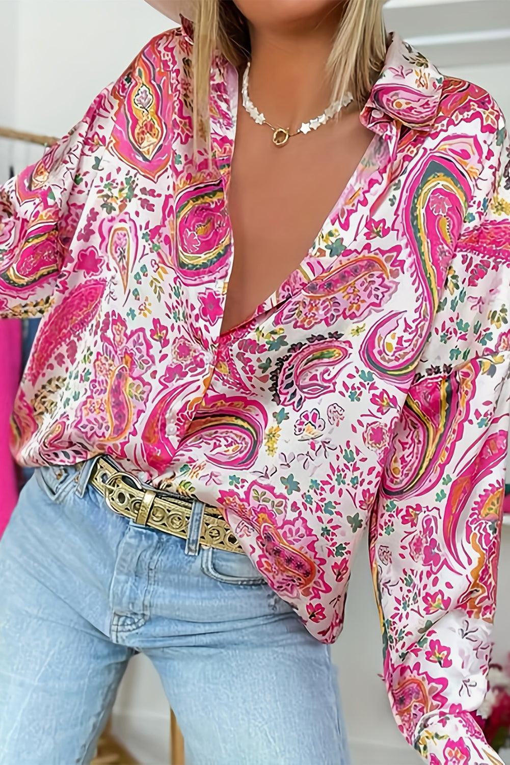 Roze bloemen paisley print casual shirt