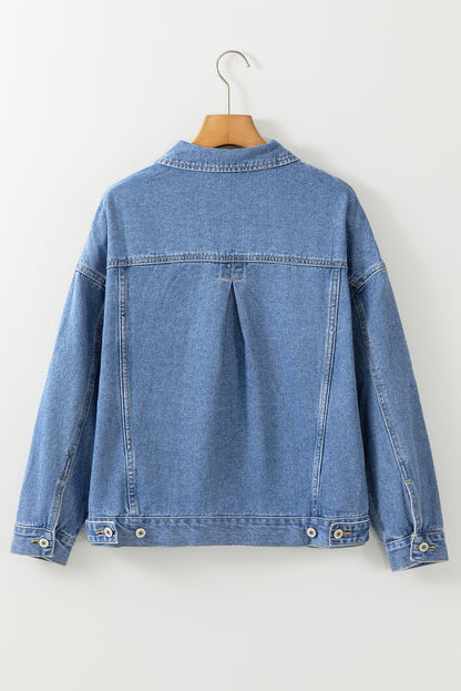 Blue Stripe Washed Oversize Pocketed Denim Jacket