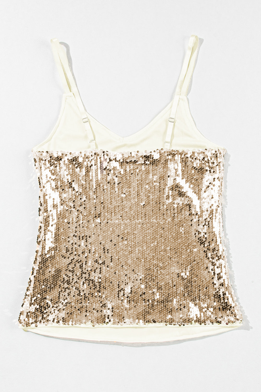 Licht Frans beige tanktop met verstelbare spaghettibandjes en lovertjes