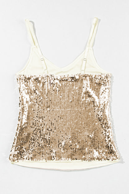 Licht Frans beige tanktop met verstelbare spaghettibandjes en lovertjes