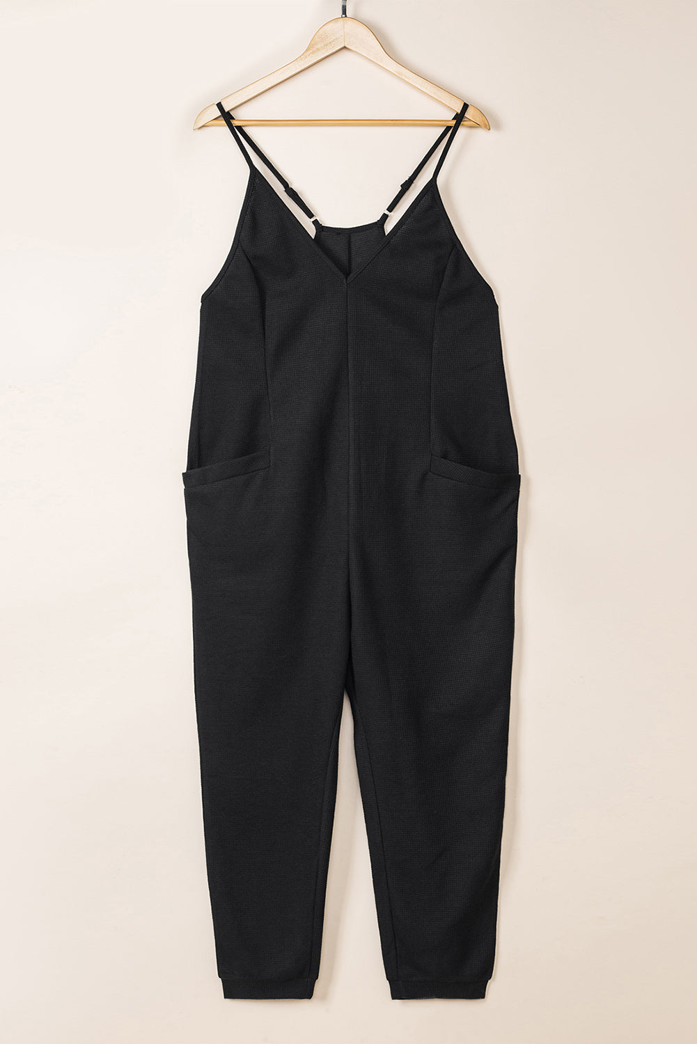 Grijze, getextureerde, mouwloze, V-hals, casual jumpsuit met zakken