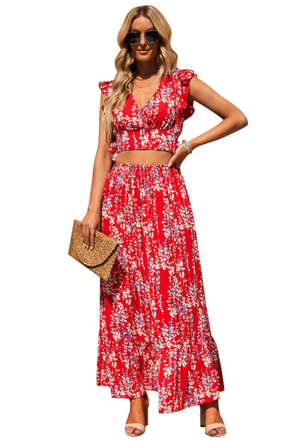 Black Multicolor Floral Ruffled Crop Top and Maxi Skirt Set