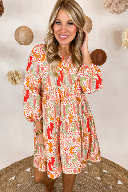 Multicolour Split Neck Puff Sleeve Flowy Print Jurk