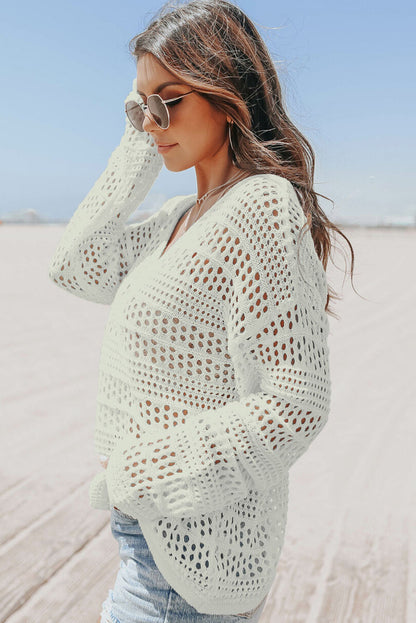 Witte Hollow Out Crochet V-hals Pullover Trui