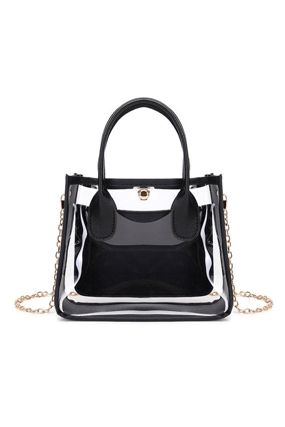 Black PVC PU Leather Patchwork Chain Strap Shoulder Bag