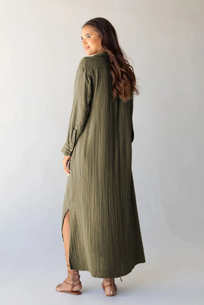 Groene gekreukte, casual split-shirt maxi-jurk met knopen