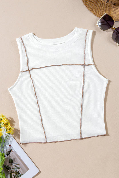 Witte geribbelde tanktop met contrasterende naden