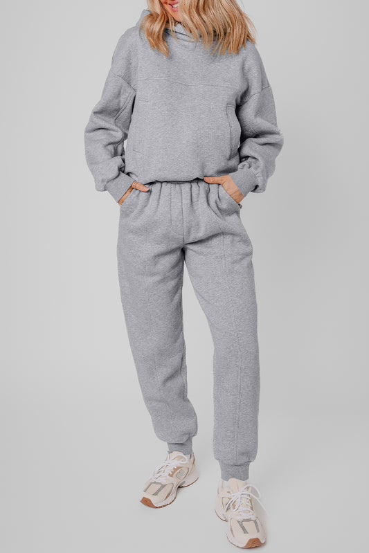 Grijze effen hoodie met zichtbare naden en joggingsbroek, actieve kledingset