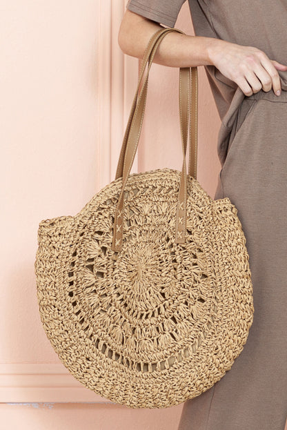 Camel Bohemian Straw Woven Round One Shoulder Bag