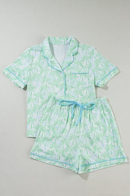 Green Vacation Coco Tree Print Short Sleeve Pajamas Set