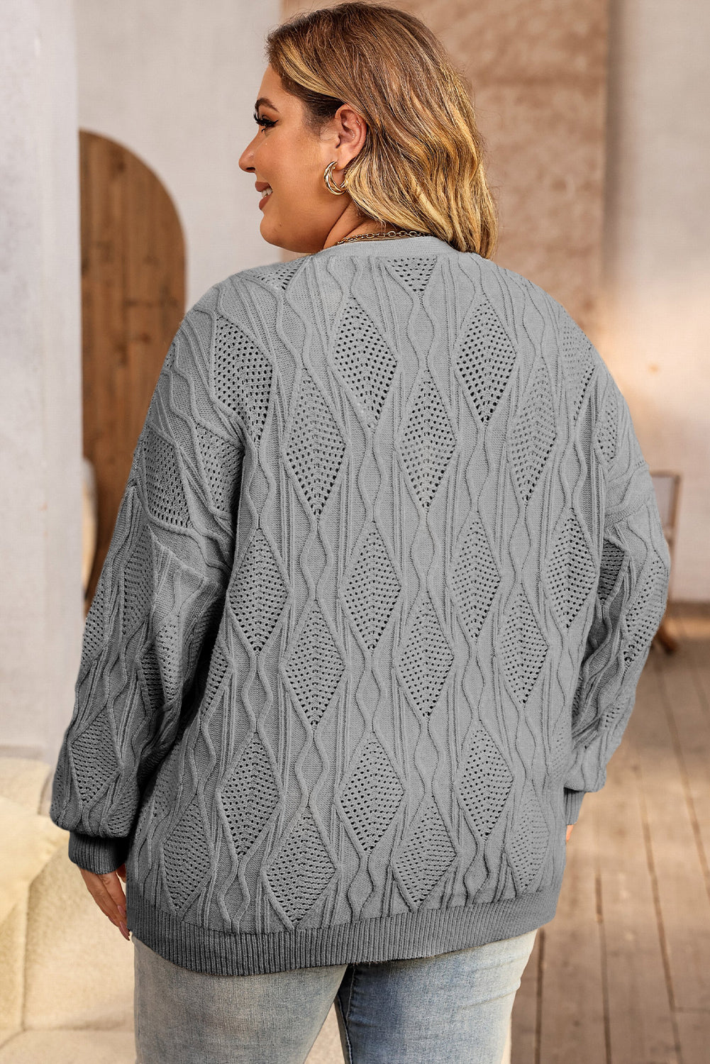 Abrikoos Plus Size Gebreid Uitgehold Knoopsluiting Cardigan