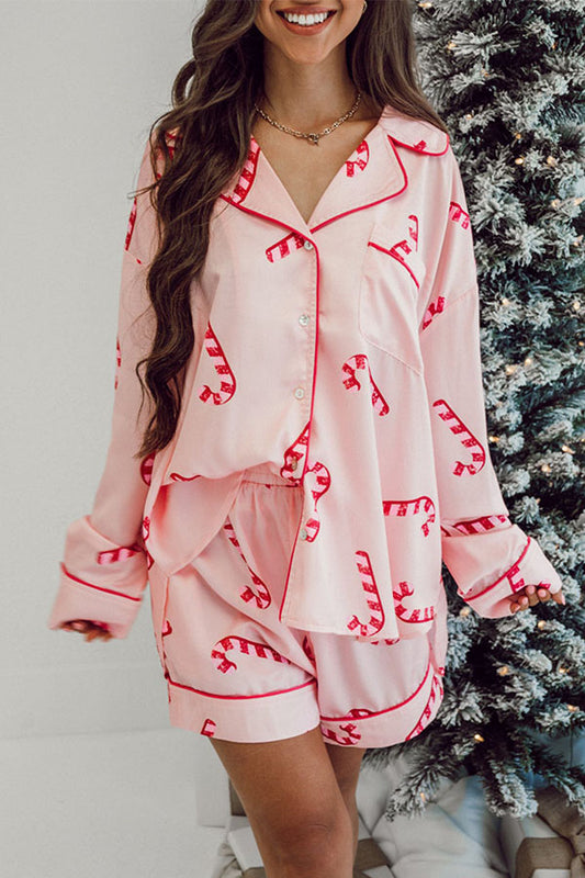 Ensemble pyjama rose avec chemise et short à imprimé canne à sucre de Noël