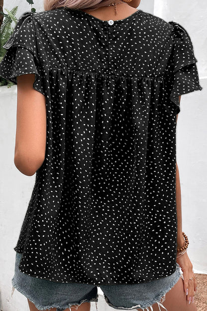 Laurel Green Dotted Ruffle Sleeve Crew Neck Ruched Blouse