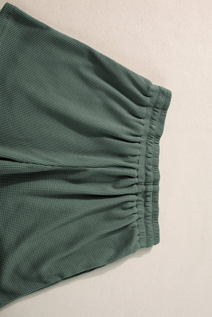 Mist Green Waffle Knit Patched Pocket Tank en Drawstring Shorts Set