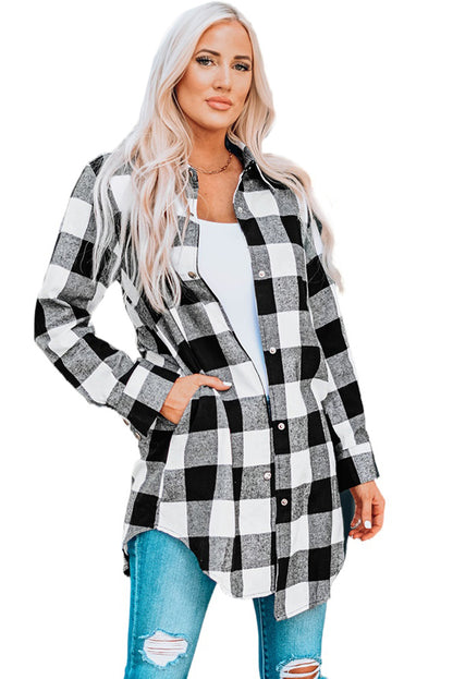 Brown Turn-down Collar Plaid Shirt Coat