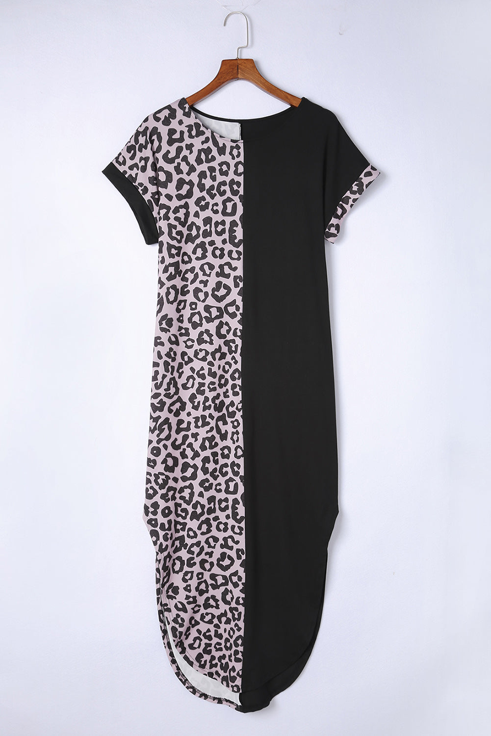 Gray Contrast Solid Leopard Short Sleeve T-shirt Dress with Slits