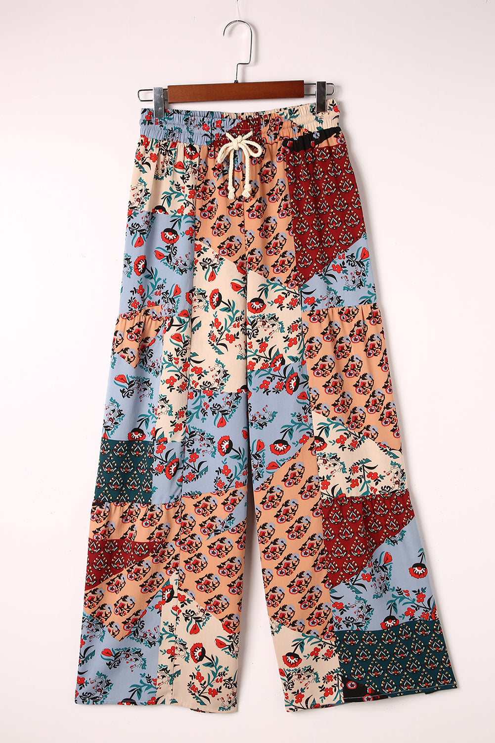 Gele Boho Patchwork Print Trekkoord Wijde Broek