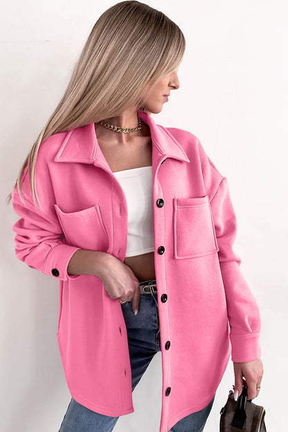 Roze effen kleur zak knoopsluiting lange mouw shacket