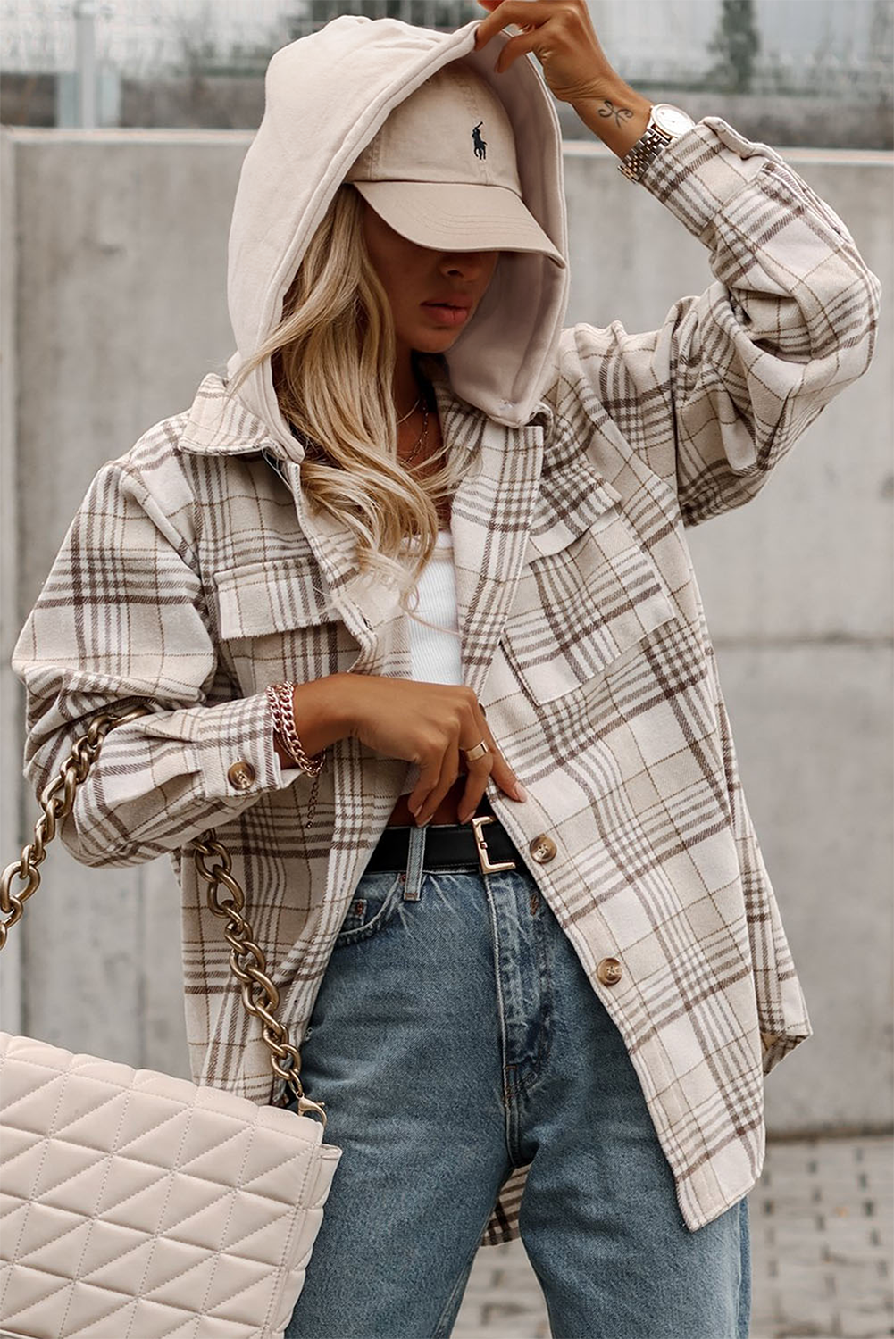 Khaki Plaid Afneembare Capuchon Geknoopte Shacket